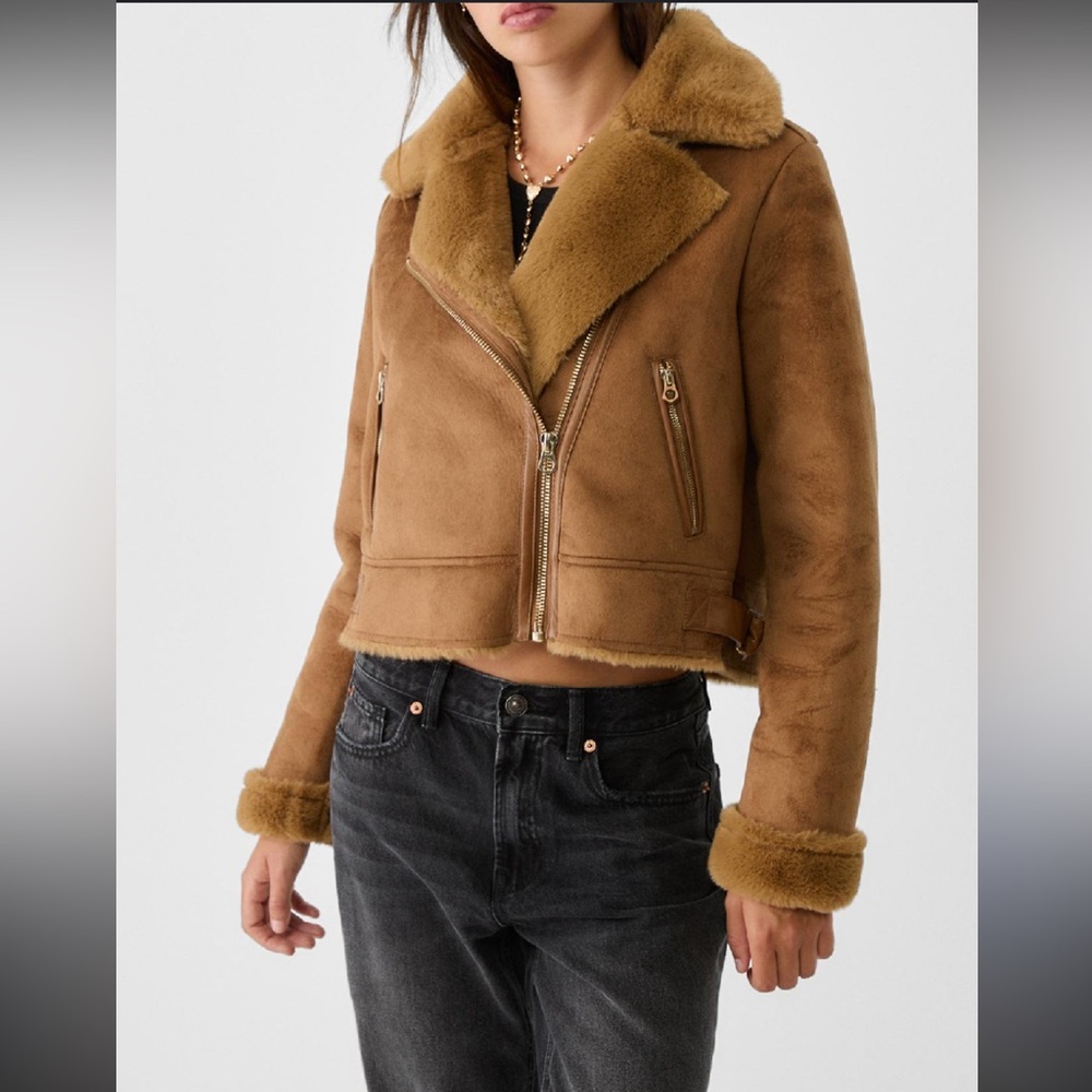 Stradivarius Tan Faux Fur Jacket